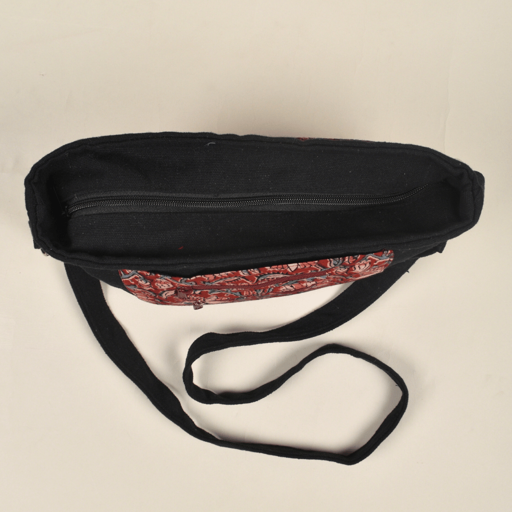 Red kalamkari & canvas multi pocket sling bag - zip