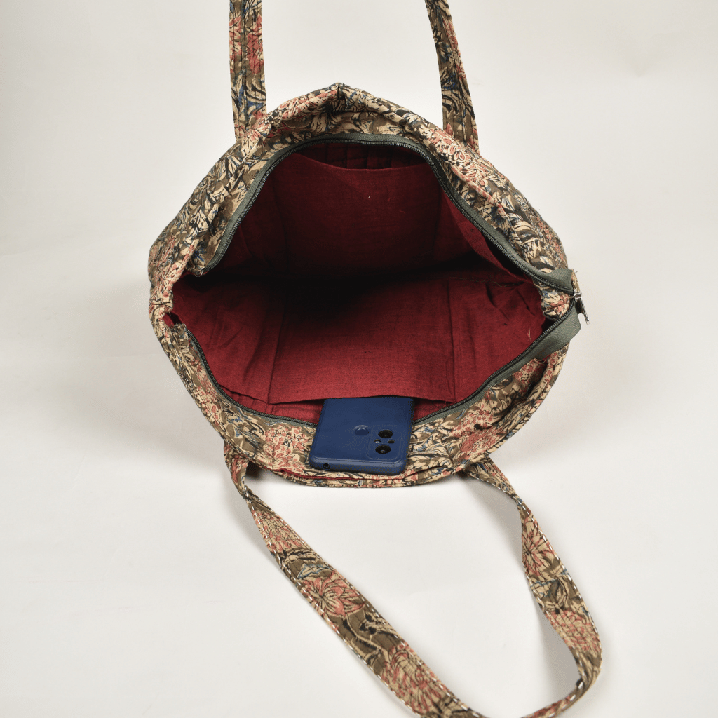 Quilted Green Kalamkari Large Tote Bag - inside