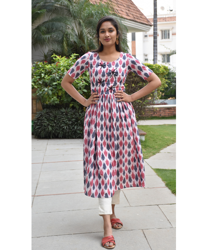 Multicolor midi kurta in ikat cotton