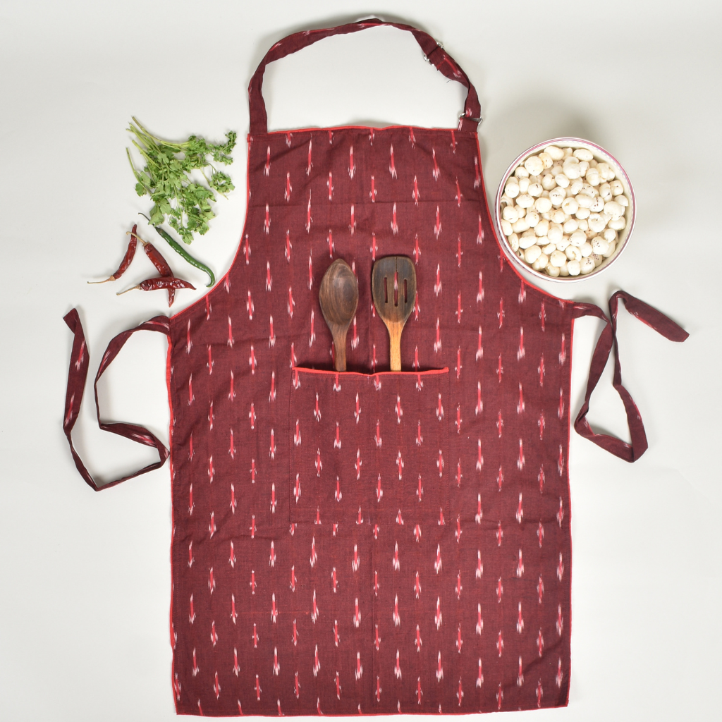 Apron, Oven Glove And Potholder Set In Maroon cotton Ikat