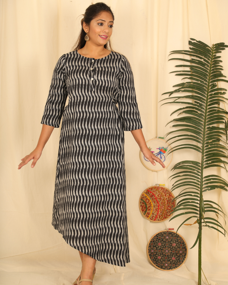 Assymetric Black-Grey Ikat Dress