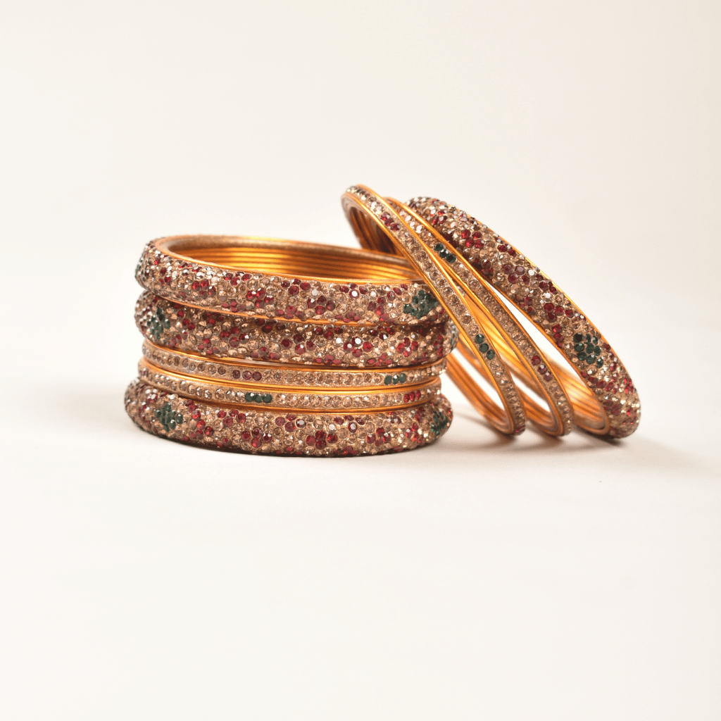 Pair of lac bangles in maroon & gold stones