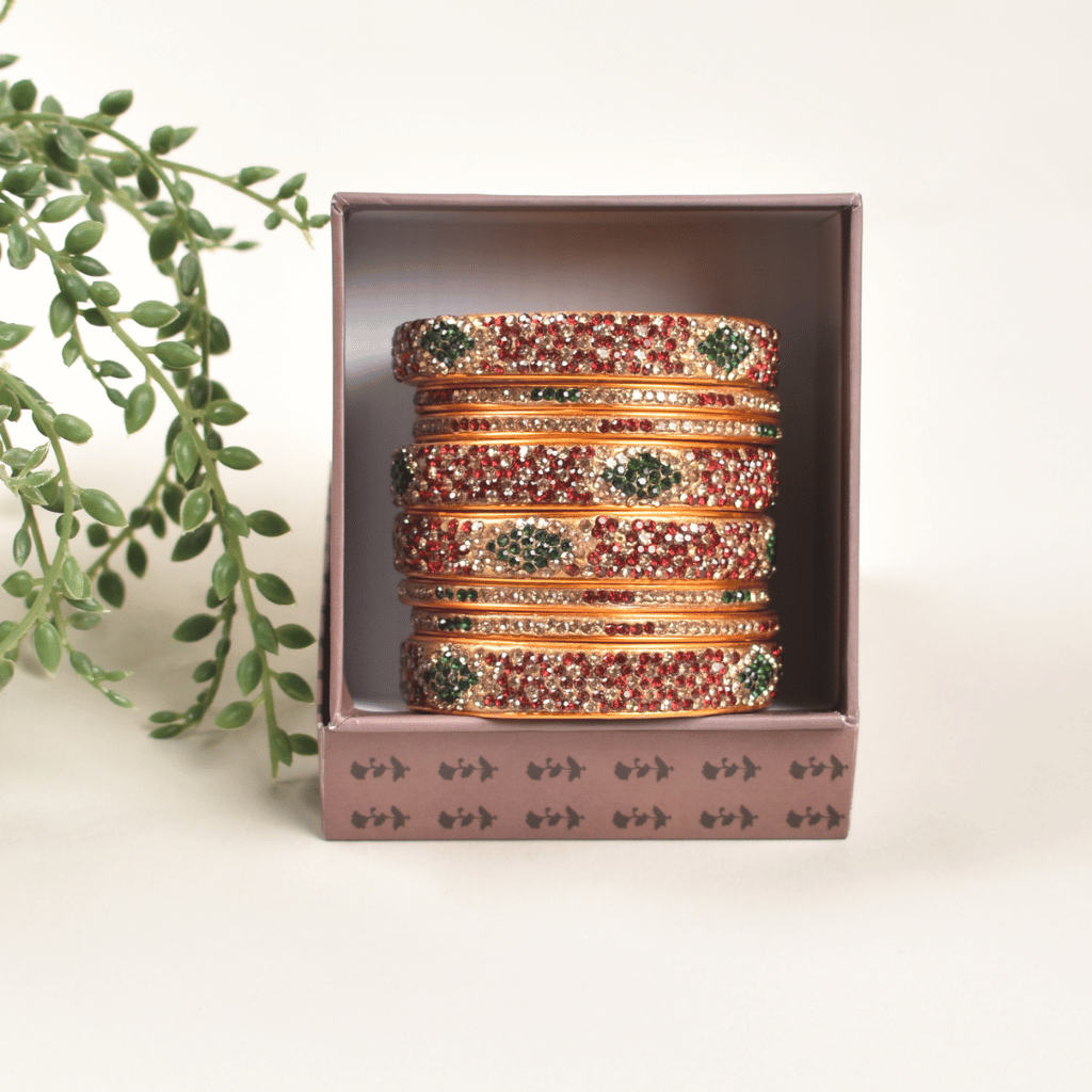 Set of lac bangles in maroon & green stones