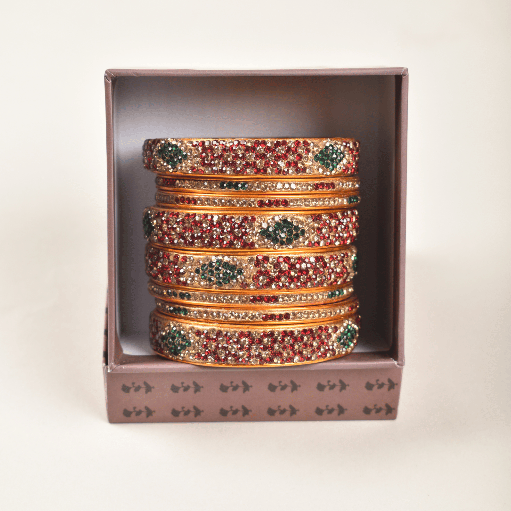 Set of lac bangles in maroon & green stones - lac