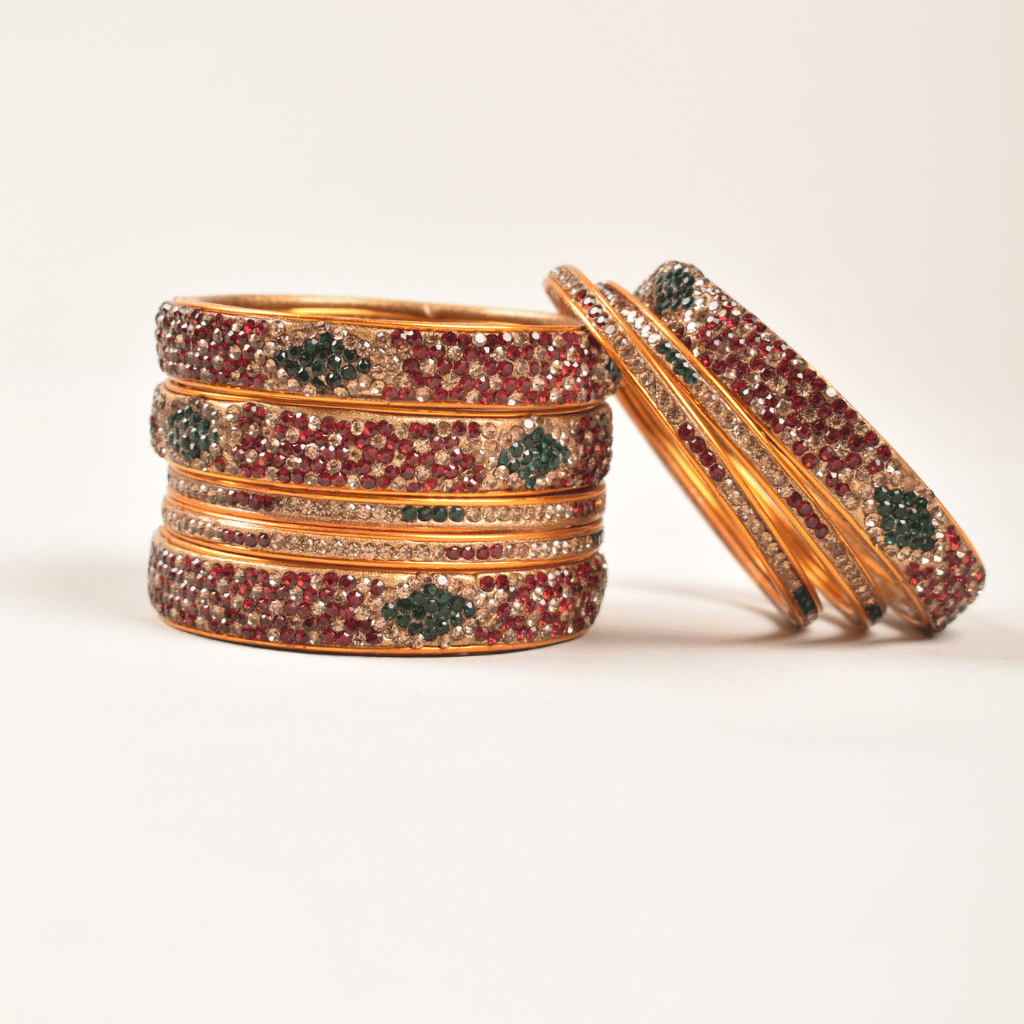 Set of lac bangles in maroon & green stones