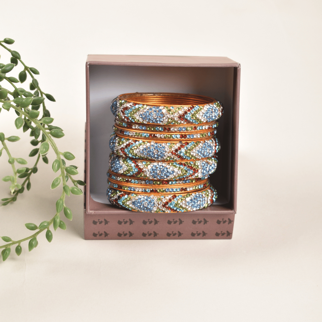 Set of lac bangles in blue & white stones