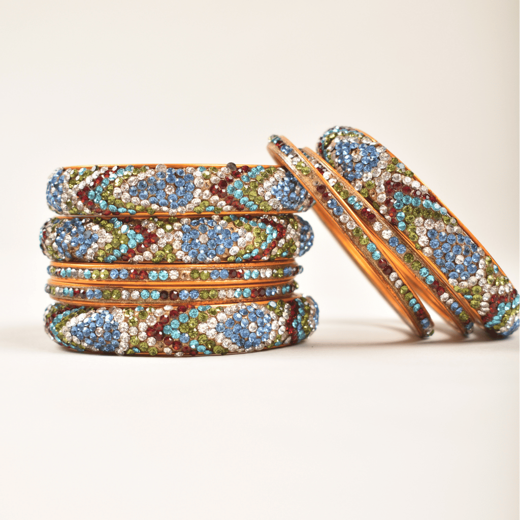 Set of lac bangles in blue & white stones