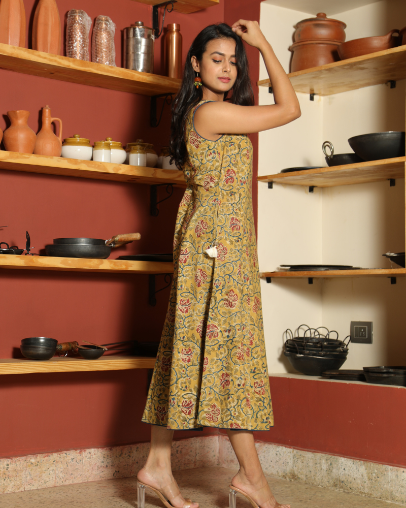 Yellow floral kalamkari dress back view