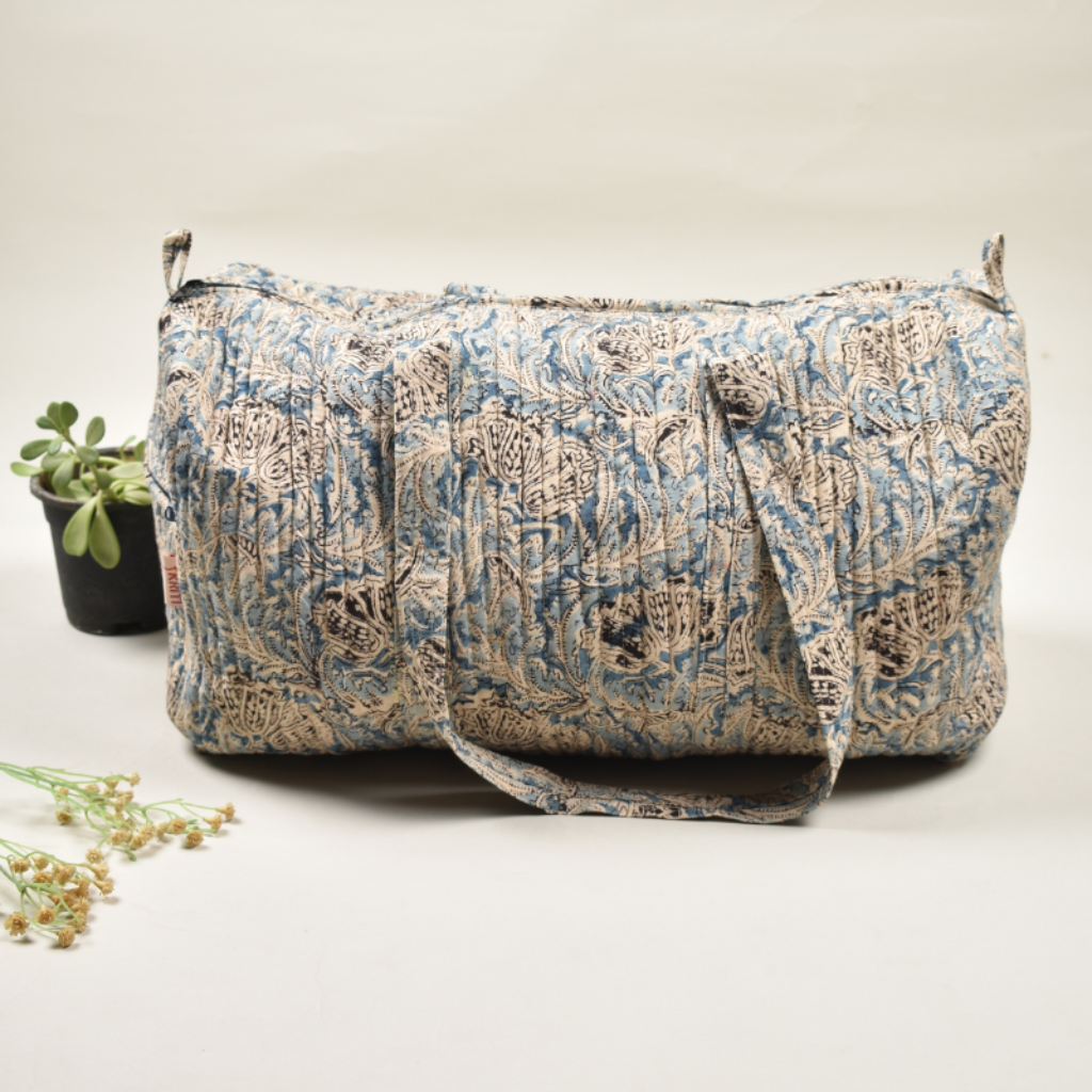 Blue kalamkari duffel bag - front