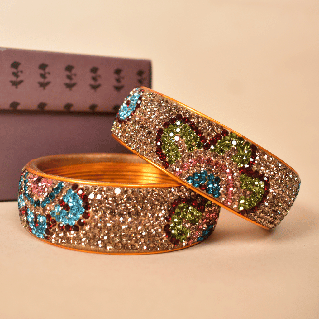 Gold & Blue 9 line stoned lac bangle