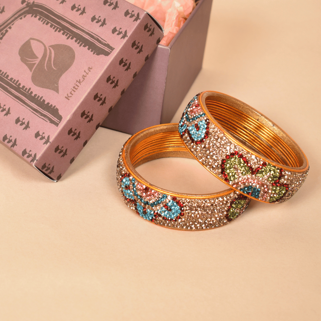 Gold & Blue 9 line stoned lac bangle - stones