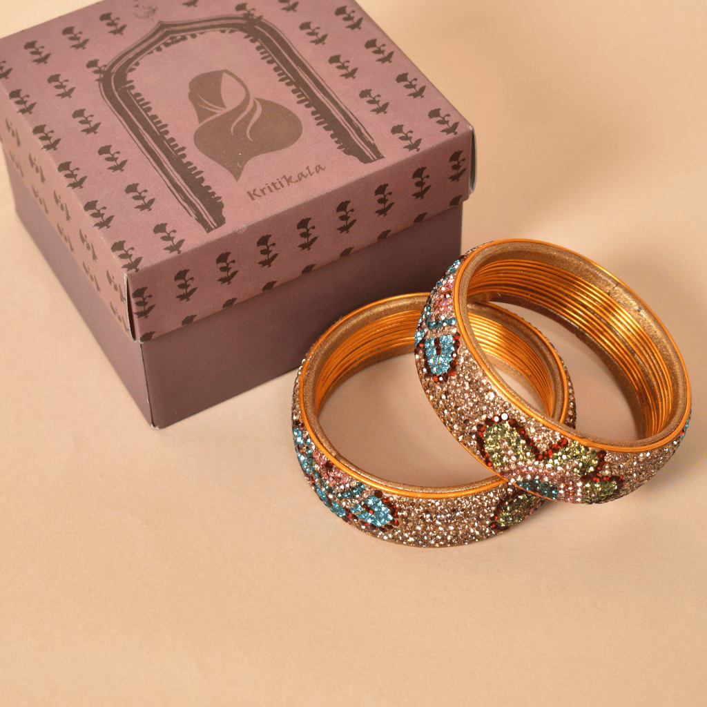Gold & Blue 9 line stoned lac bangle - lac