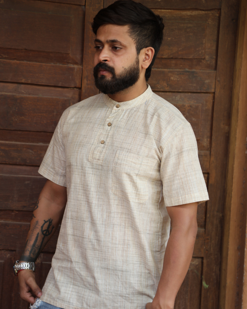 Beige Handloom Cotton Short Kurta With Half Sleeves