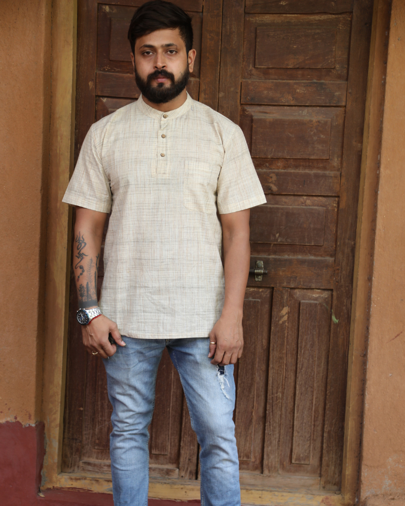 Beige Handloom Cotton Short Kurta With Half Sleeves