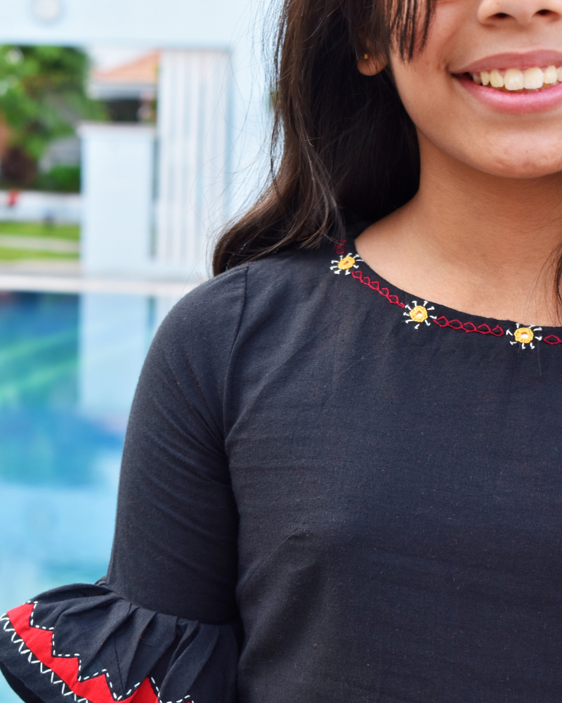 Black Hand Embroidered Kurta With Flared Sleeves