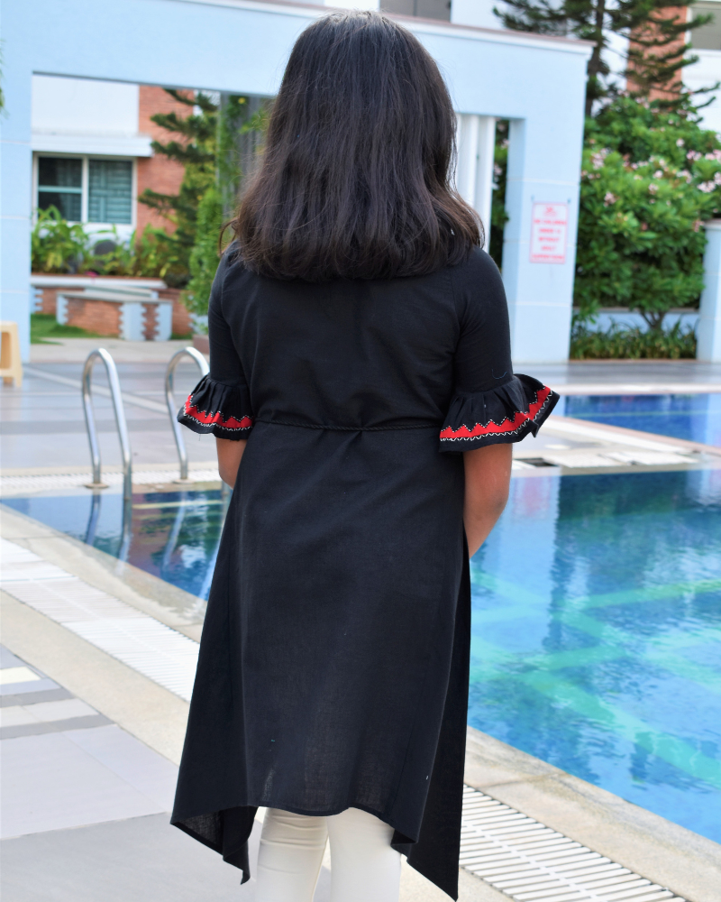 Black Hand Embroidered Kurta With Flared Sleeves