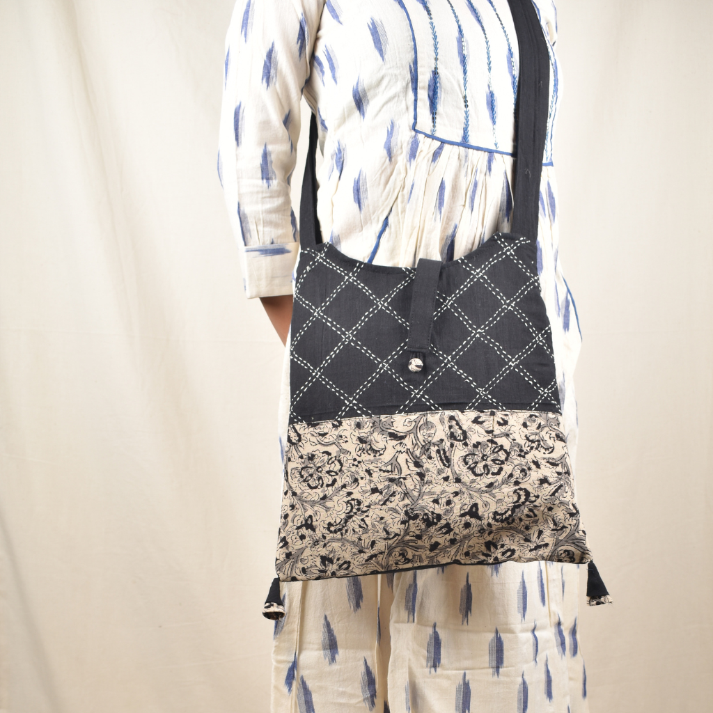 Black embroidery kalamkari sling bag