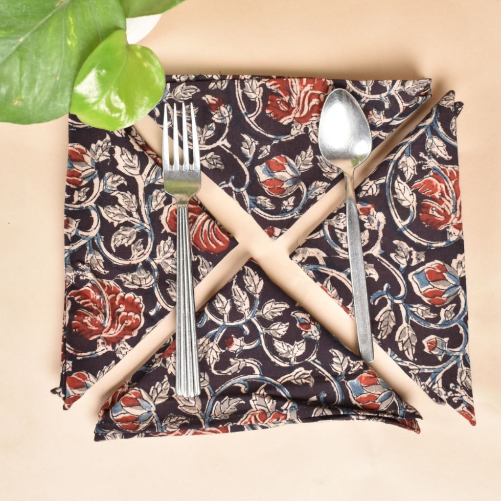 Black kalamkari cotton table napkins