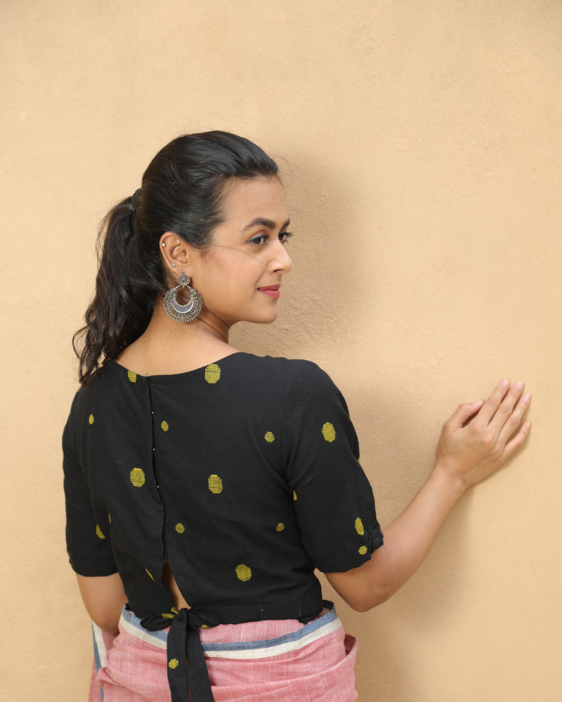 Black handloom blouse with back ties - back