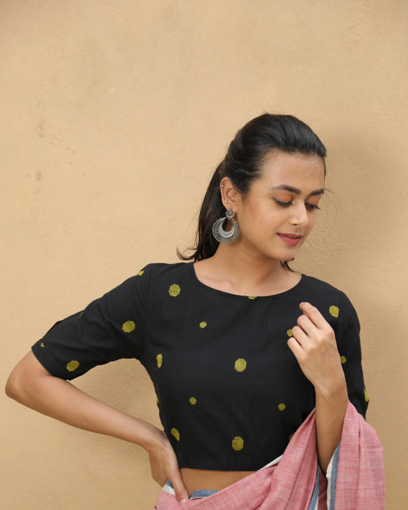 Black handloom blouse with back ties - sleeve