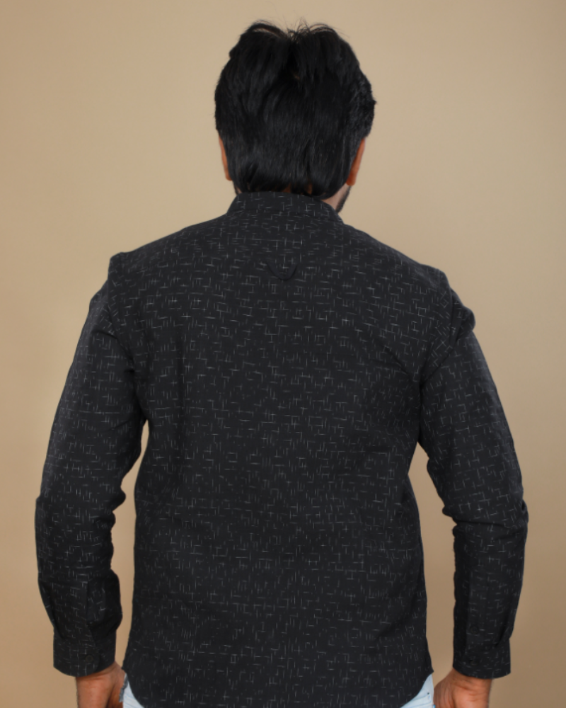 Black ikat mandarin collar full sleeves shirt for men