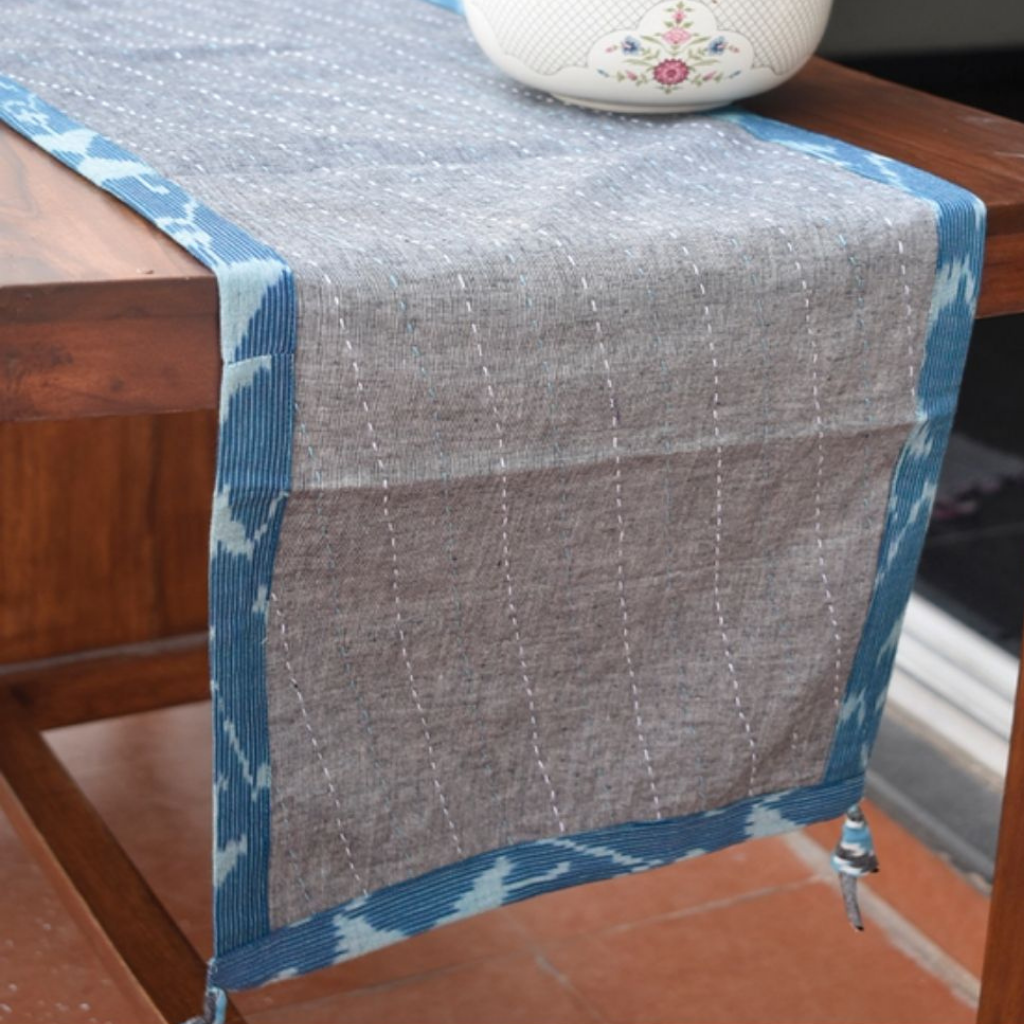 Blue And Grey Ikat Reversible Table Runner With Kantha Embroidery