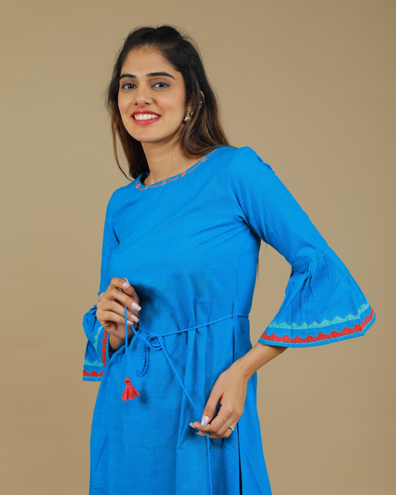 Blue Hand Embroidered Kurta With Flared Sleeves