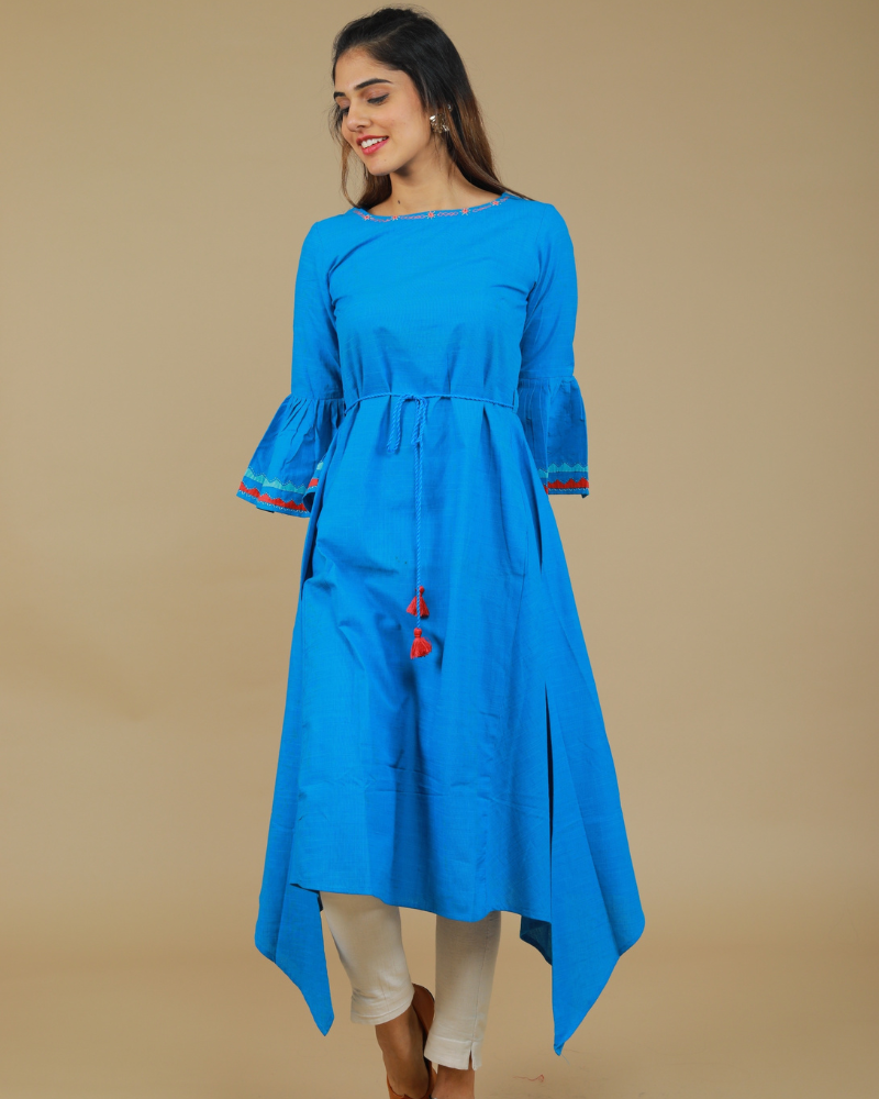 Blue Hand Embroidered Kurta With Flared Sleeves