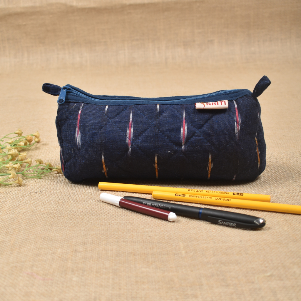 Blue Ikat round quilted case - front