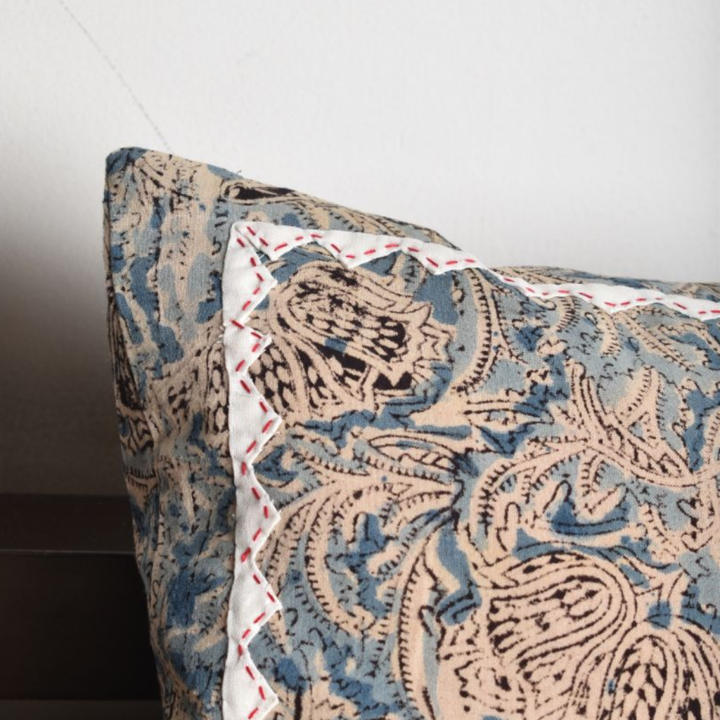 Blue Kalamkari cushion cover with applique