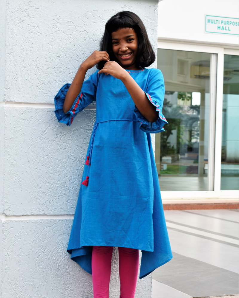 Blue Kurta With Flared Sleeves For Girls