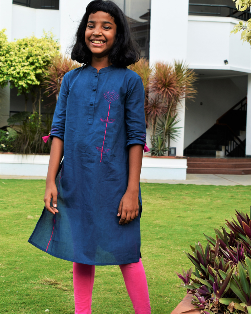 Blue Mandarin Collar Kurta for Girls