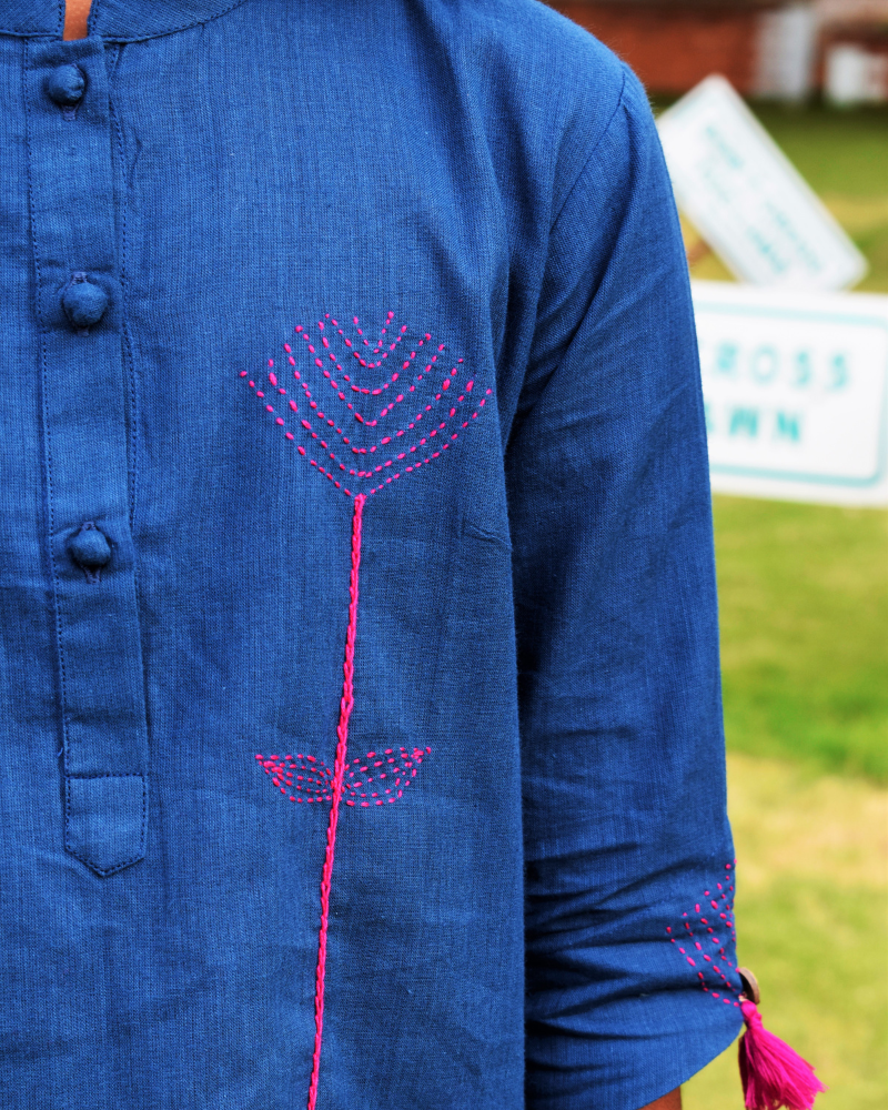 Blue Mandarin Collar Kurta for Girls