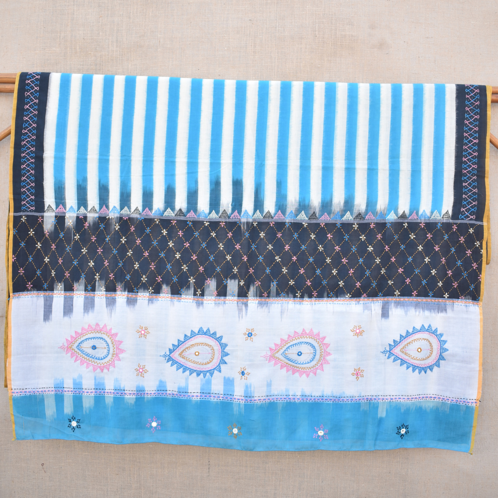 Blue and black handloom double ikat saree with hand embroidery