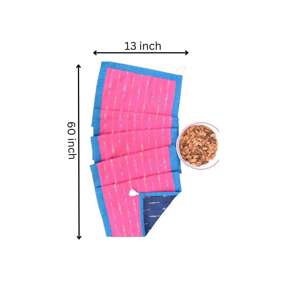 Blue and pink ikat reversible table runner with kantha embroidery