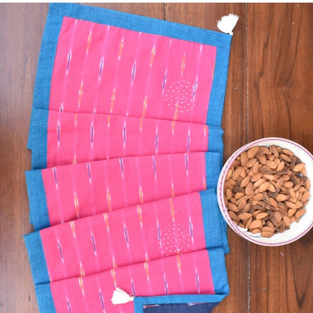 Blue and pink ikat reversible table runner with kantha embroidery