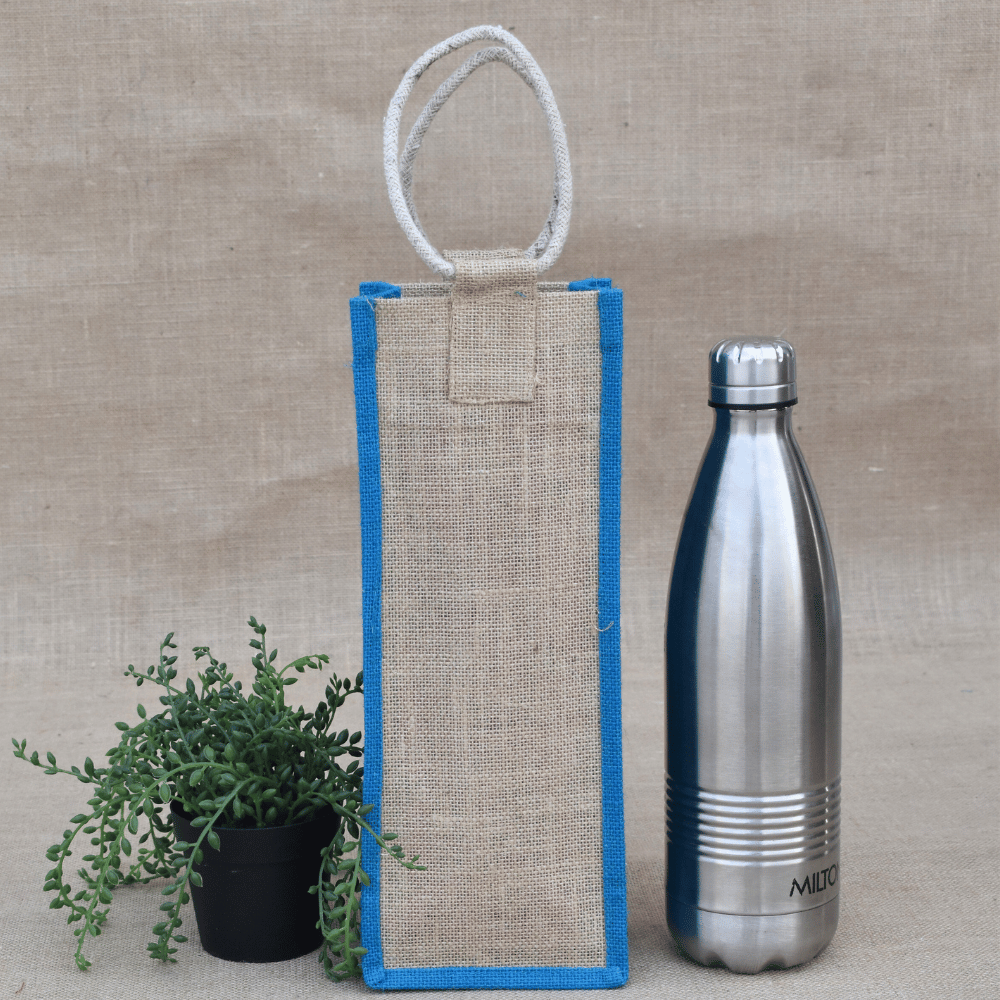 Blue jute bottle bag - front