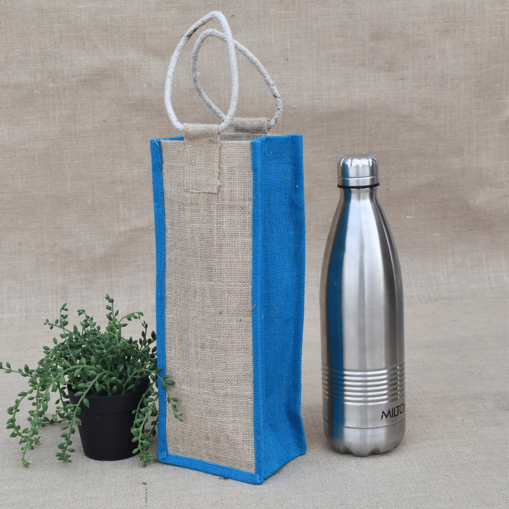 Blue jute bottle bag - side