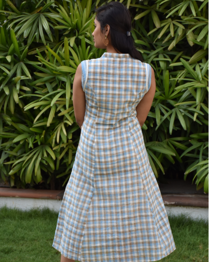 Blue checks and stripes sleeveless dress