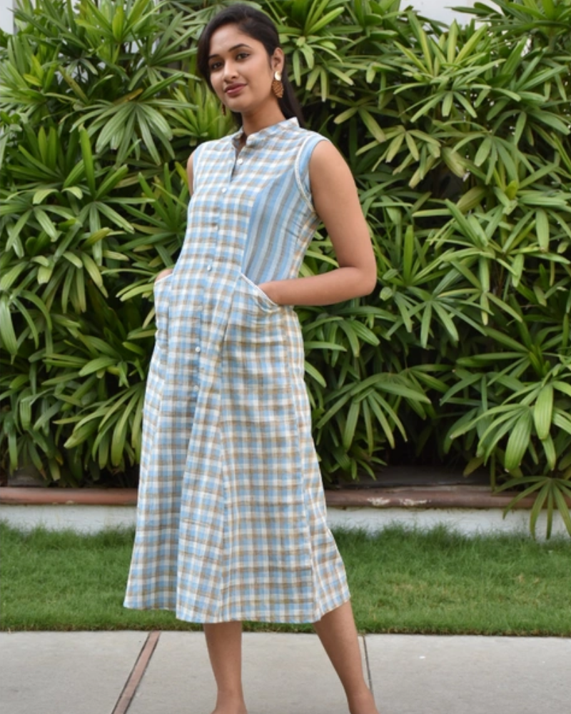 Blue checks and stripes sleeveless dress