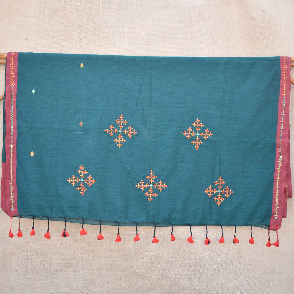 Blue green handloom saree with traditional banjara embroidery