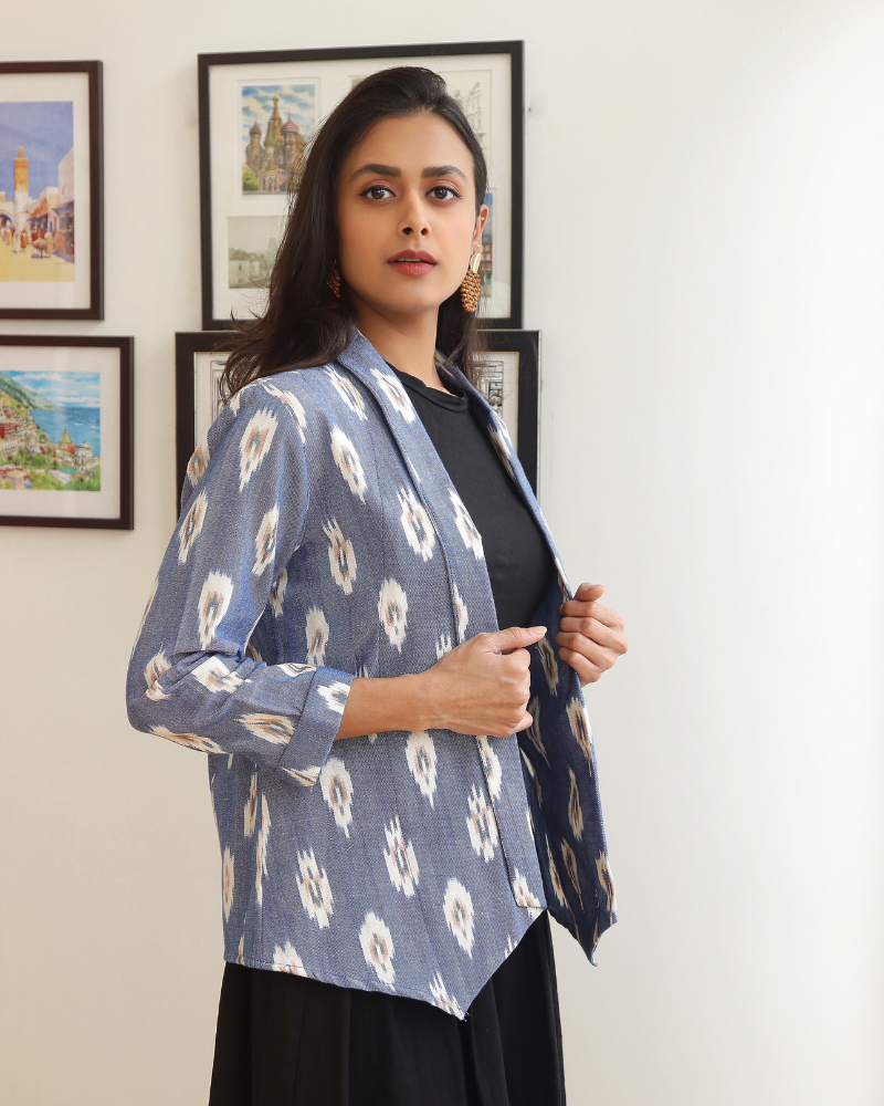 Blue ikat lapel collar jacket - side