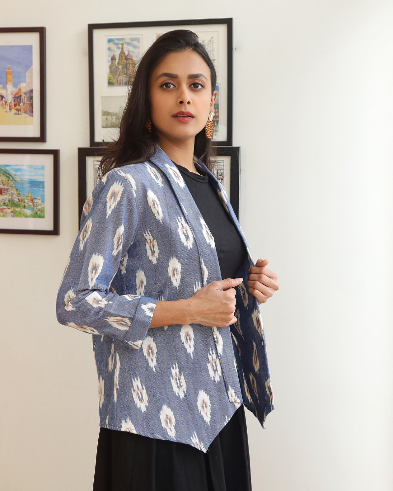 Blue ikat lapel collar jacket