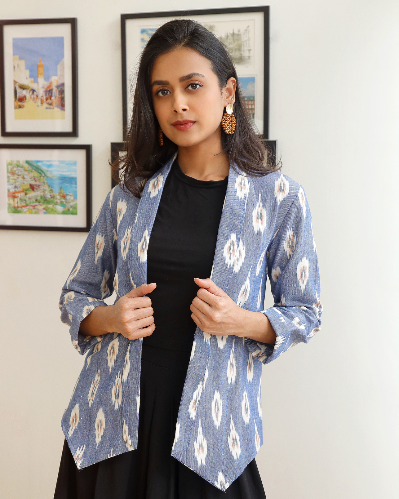 Blue ikat lapel collar jacket