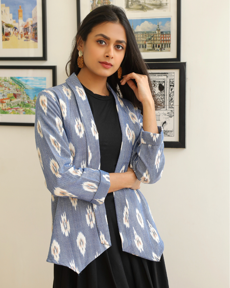 Blue ikat lapel collar jacket - front