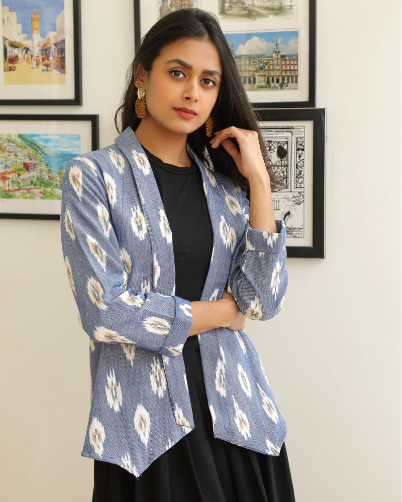 Blue ikat lapel collar jacket