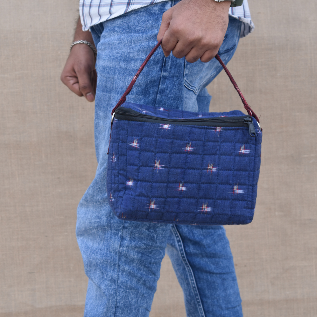 Blue ikat lunch bag - handle