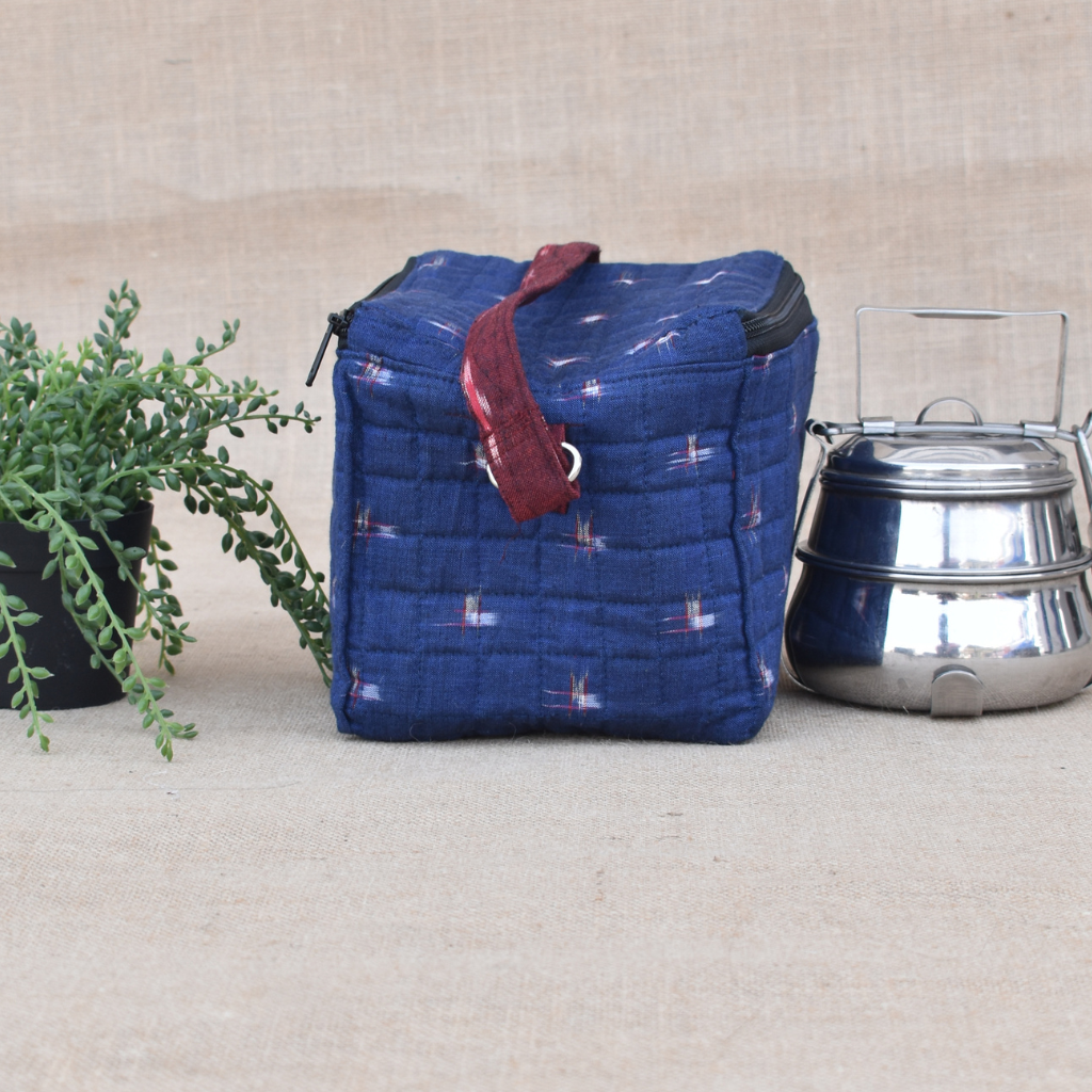 Blue ikat lunch bag - side