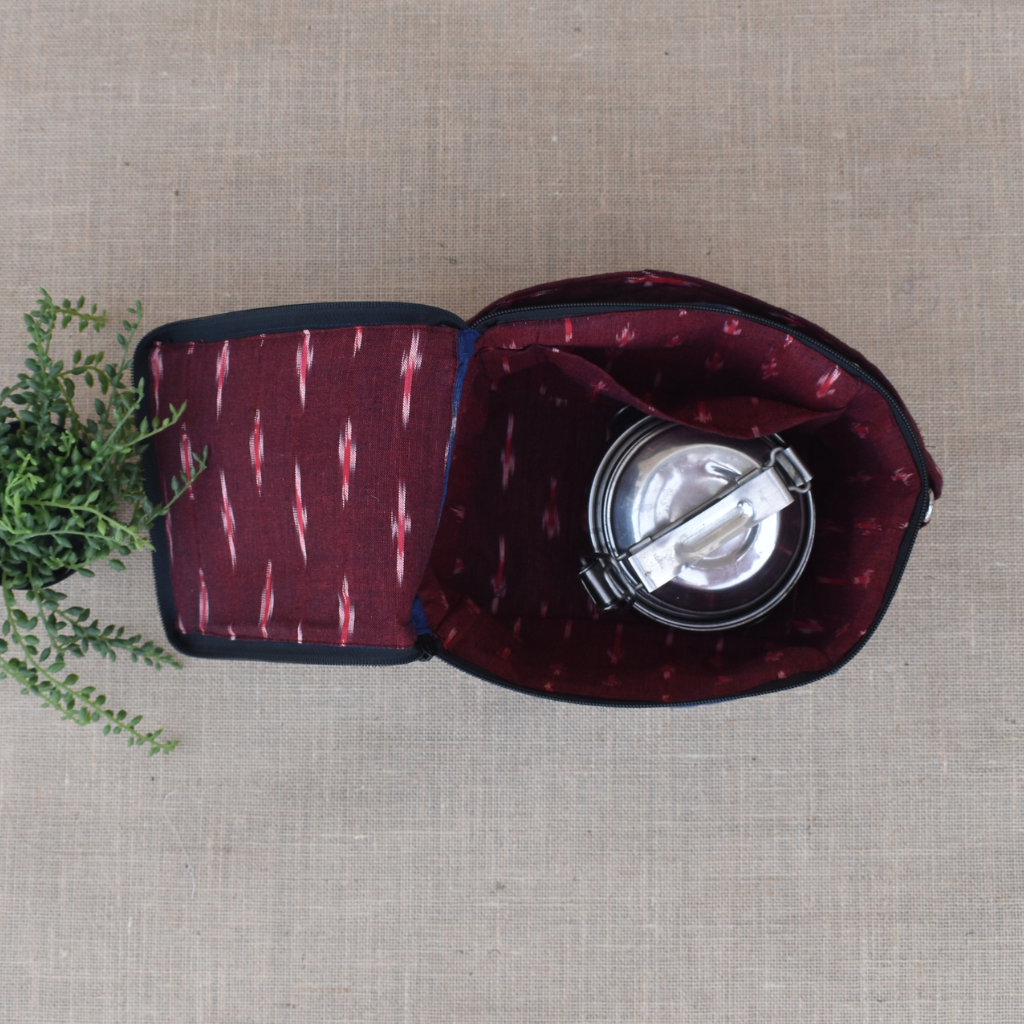 Blue ikat lunch bag - pockets