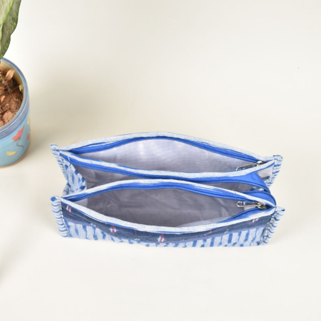 Blue ikat toiletry pouch  - pockets